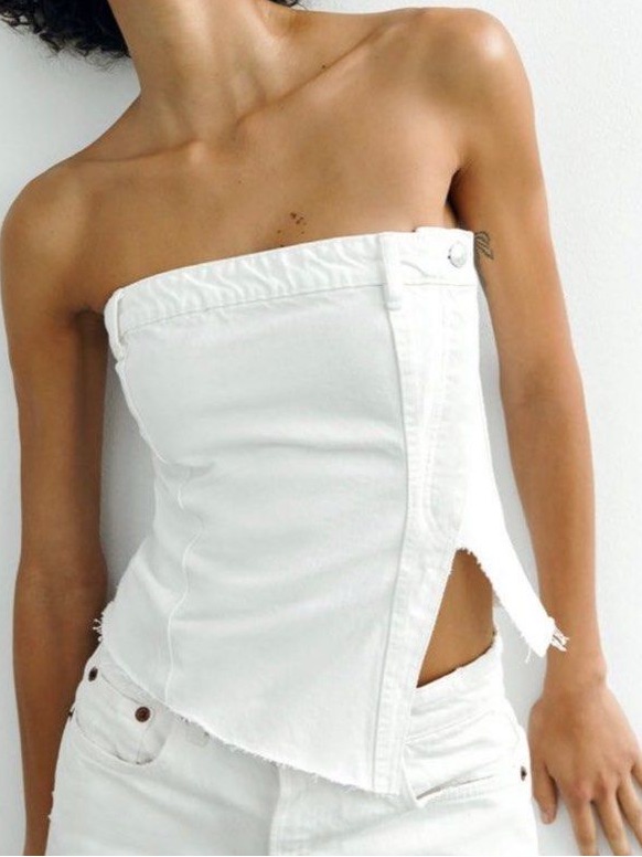 Zara White Strapless Asymmetric Denim Top